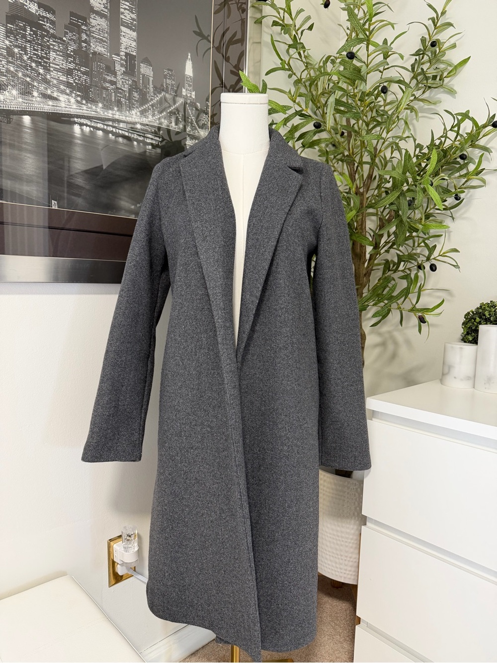 Zara Charcoal Grey Longline Open Front Coat Size Small